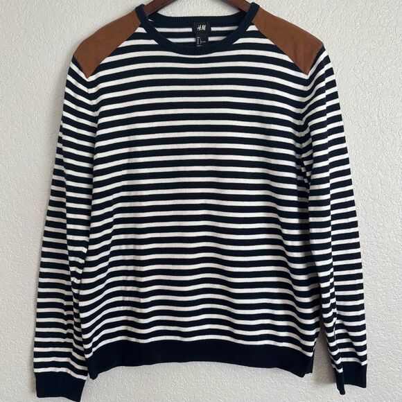 H&M Striped Navy and White Sweater with Suede Shoulder Patches Size Large - Picture 1 of 7